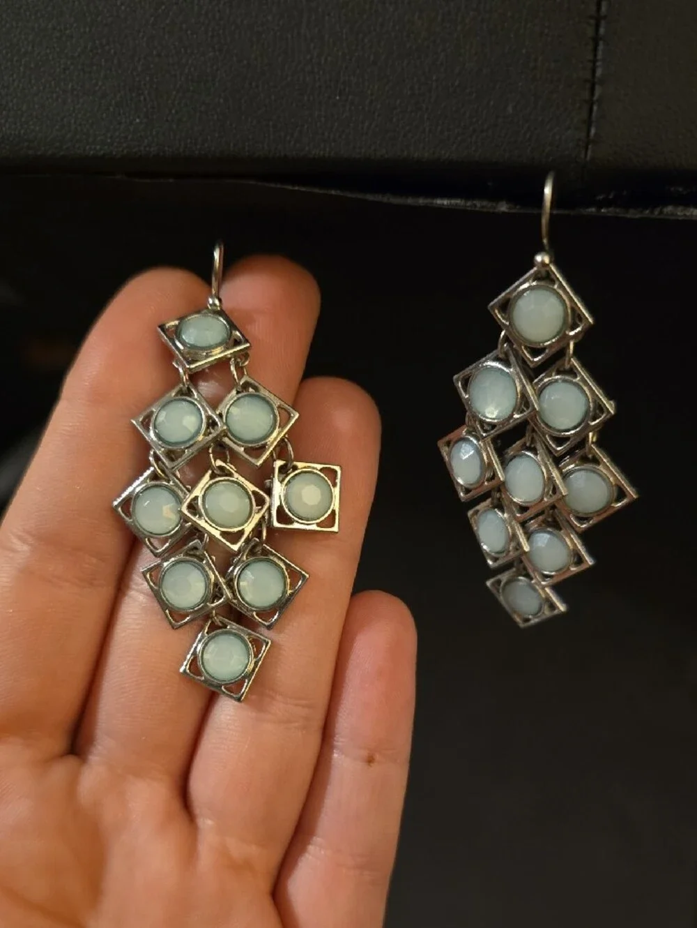 Silver Tone Geometric Dangle Earrings with Light Blue Opalescent Stones